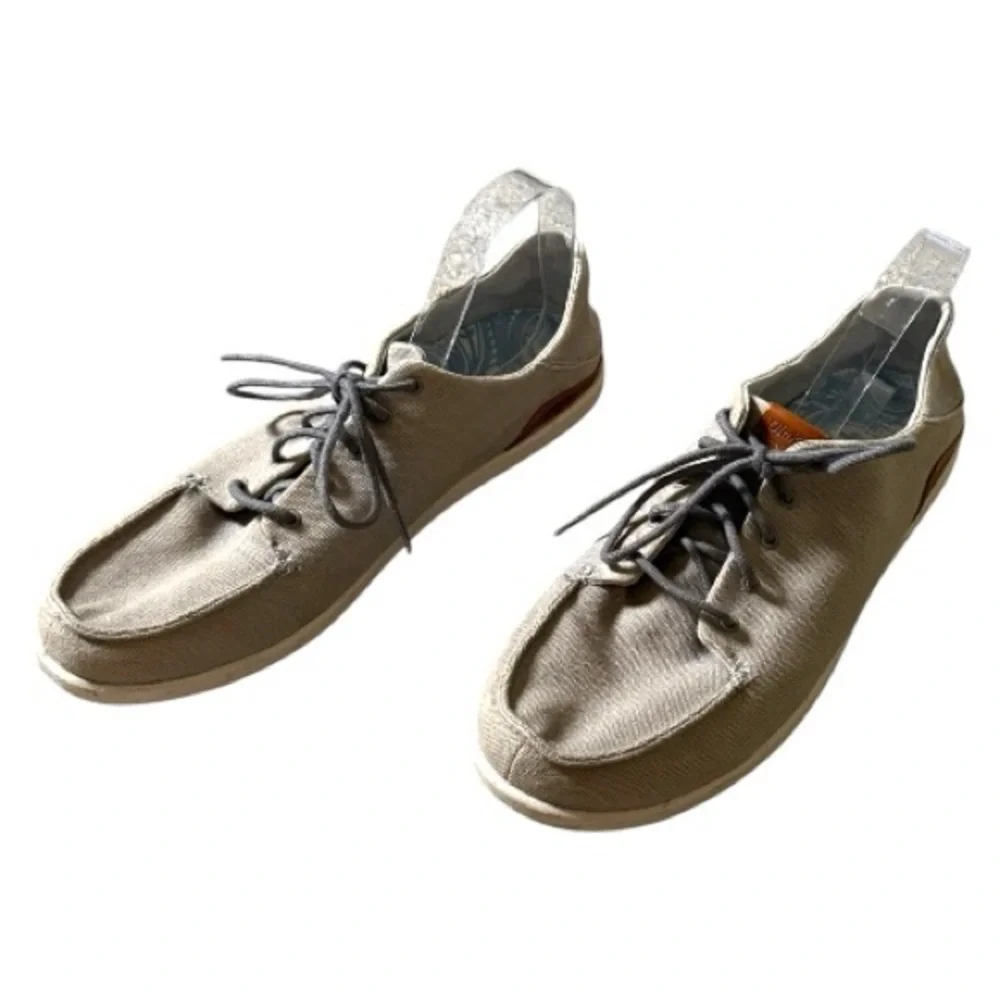 Olukai Honua Mens Shoes Size 12 Beige Casual Flat Comfort Lace Up Boat Shoes